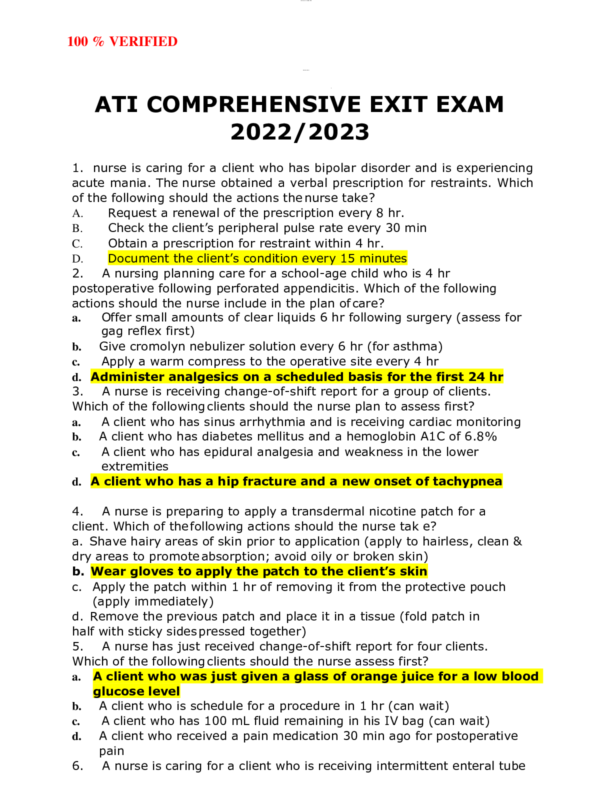 Preview image for ATI COMPREHENSIVE EXIT EXAM 2022/2023